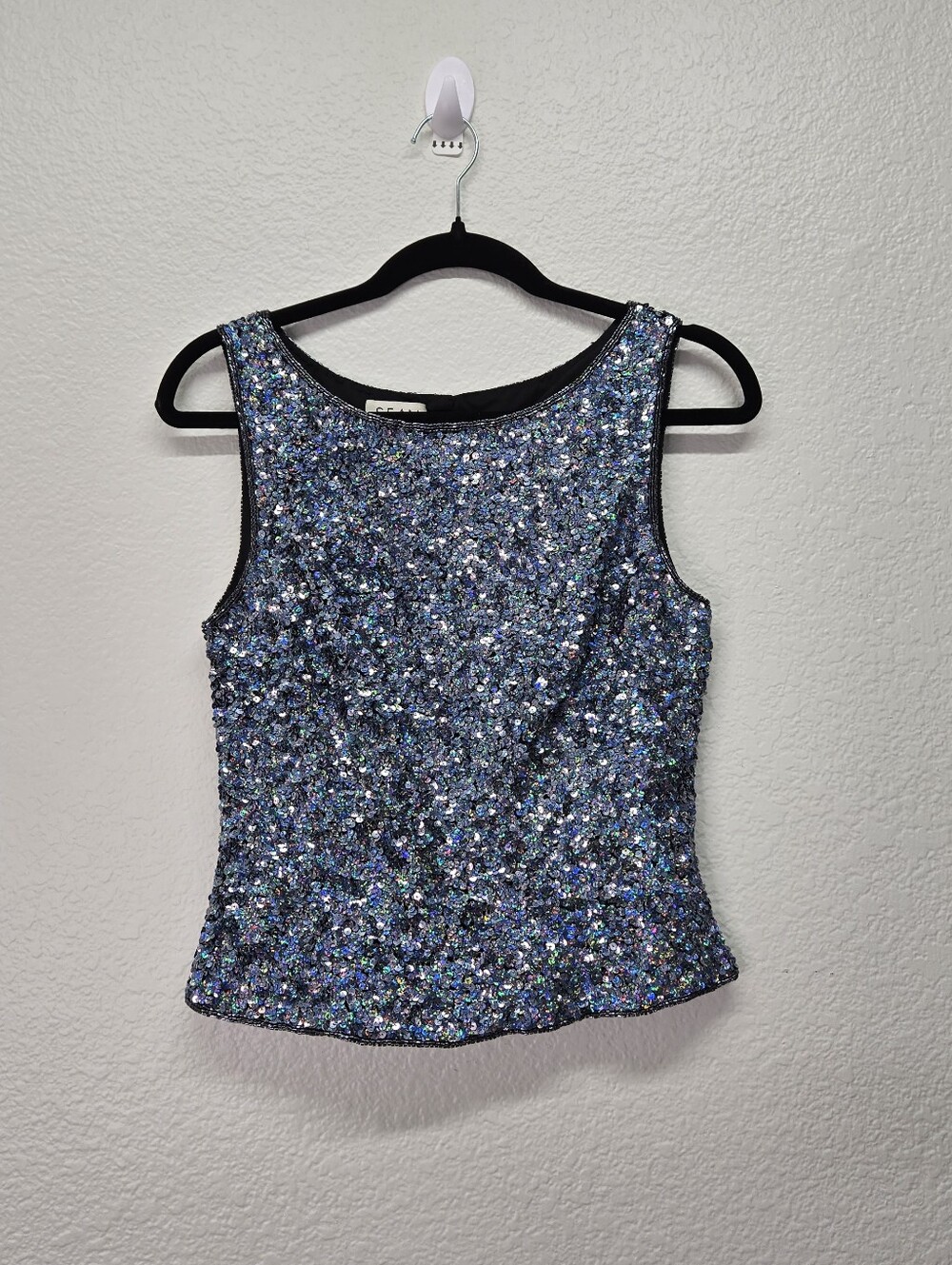 Sean Collection VTG Silk Sequin Beaded Top Blouse Sleeveless Blue Silver S Glitz